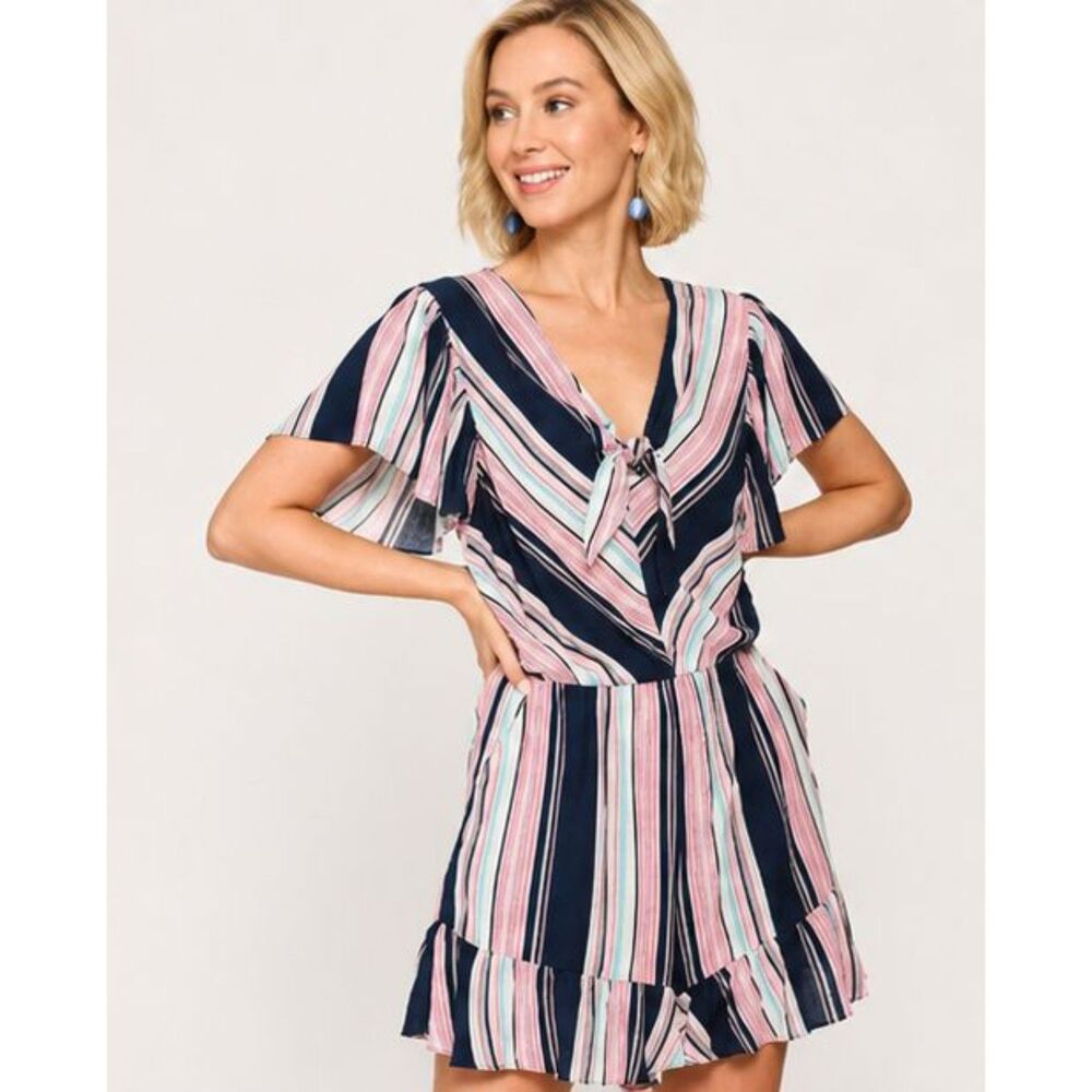 New Gigio S 4 6 Navy Colorful Striped Tie Front V-Neck Ruffled Wide Leg Romper